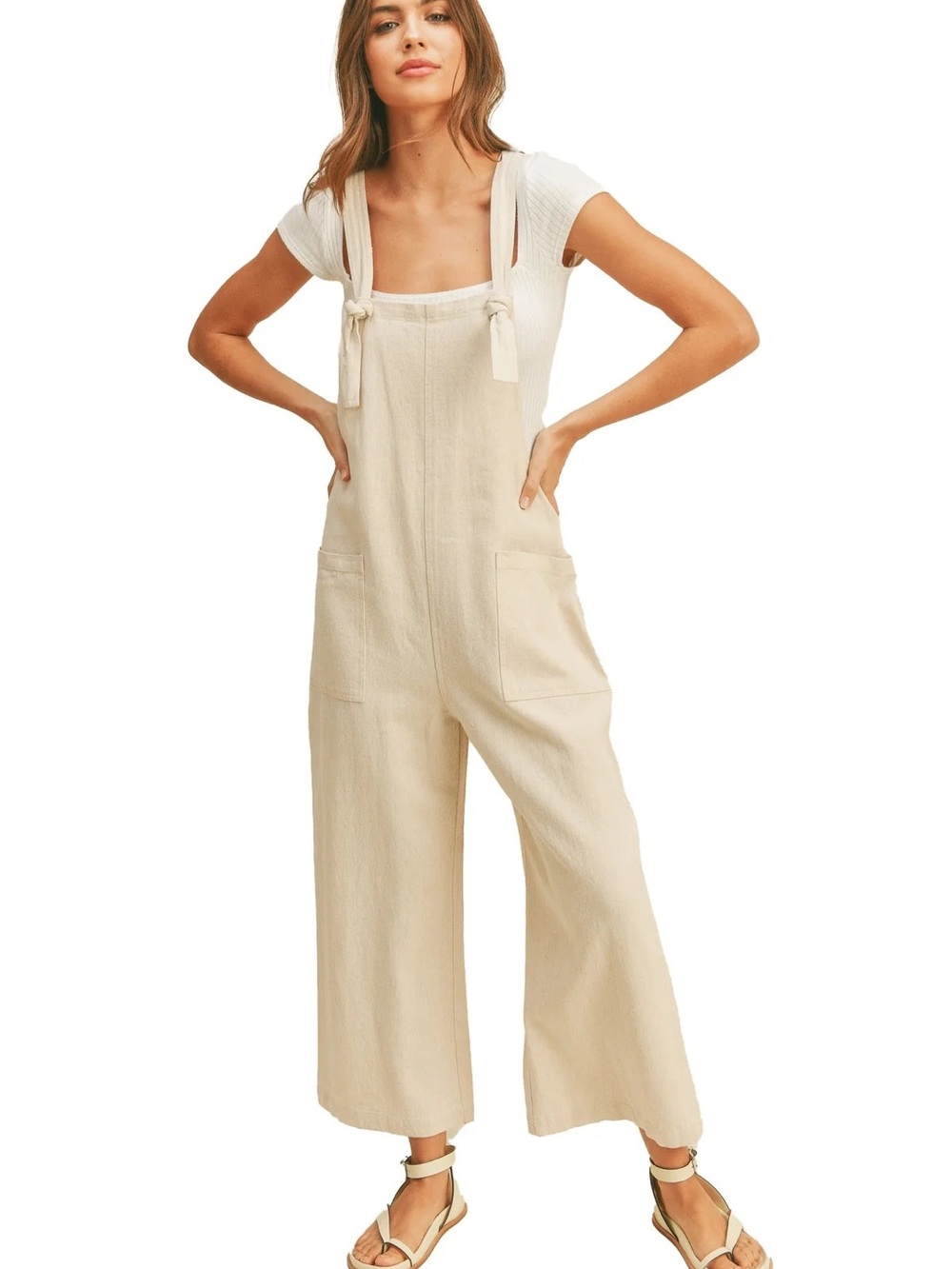 Cream Tie-Shoulder Wide Leg Overalls